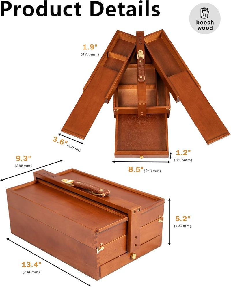 Dajar Multi-Function Art Tool Box, Portable Foldable Beech Wood Artist Supply Storage Box for Pastels, Pencils, Pens, Markers, Brushes, Walnut - Image 2